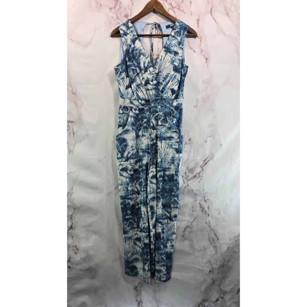 Anthropologie Jumpsuit Womens 4 Small Blue Linen Gable Eva Franco Wetland